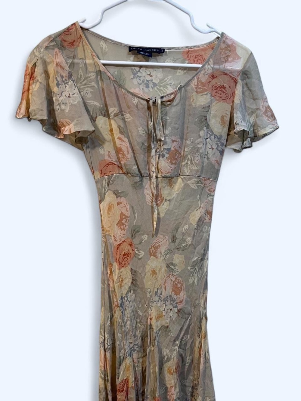 Ralph Lauren vintage 90s silk Floral Tie-Front Midi Dress in Soft Pastels
